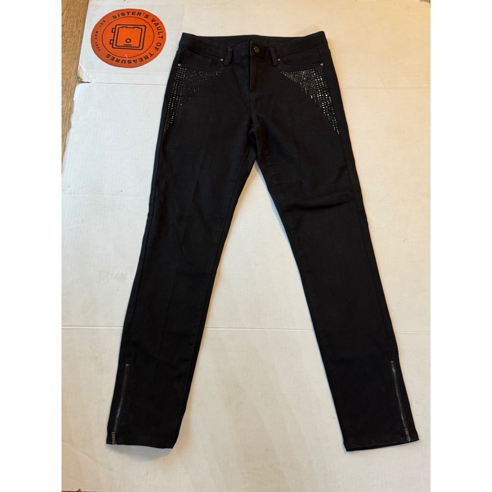 Cache Black Rhinestone Embellished Skinny Jeans Ankle Zip Stretch Denim Size 4
